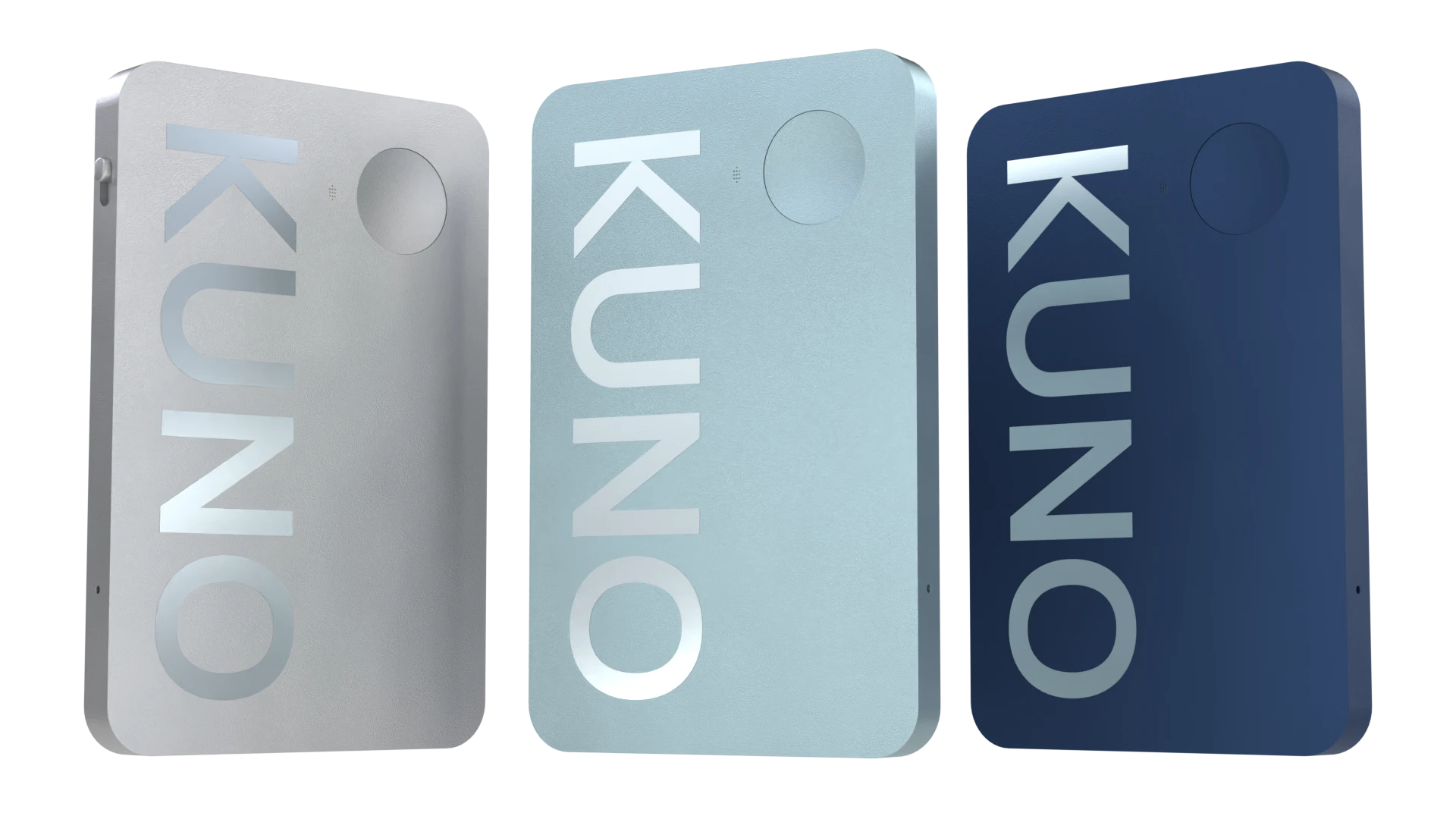 The three Kuno editions side by side — Zugspitze Silver, Eibsee Blue (the one to start with), and Helgoland Navy. Anodized aluminum unibody with embossed KUNO wordmark.