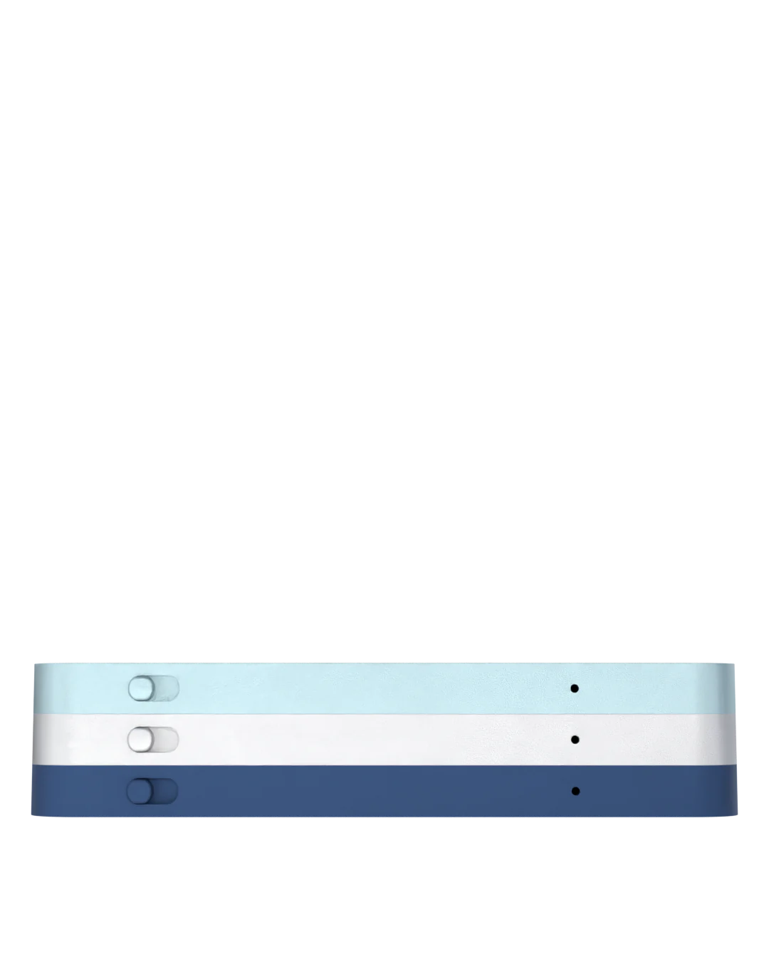 The three Kuno editions side by side — Zugspitze Silver, Eibsee Blue (the one to start with), and Helgoland Navy. Anodized aluminum unibody with embossed KUNO wordmark.