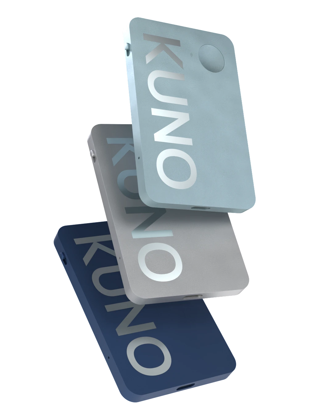 Three Kuno devices staged in blue, silver, and ice blue.