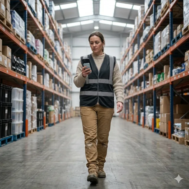 Lena, operations lead, walking a logistics warehouse aisle with her phone in hand — KUNO attached to the back.