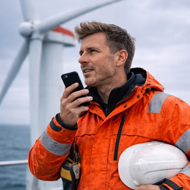 Markus, field engineer in an orange high-vis jacket, dictating into his phone with a wind turbine behind him.