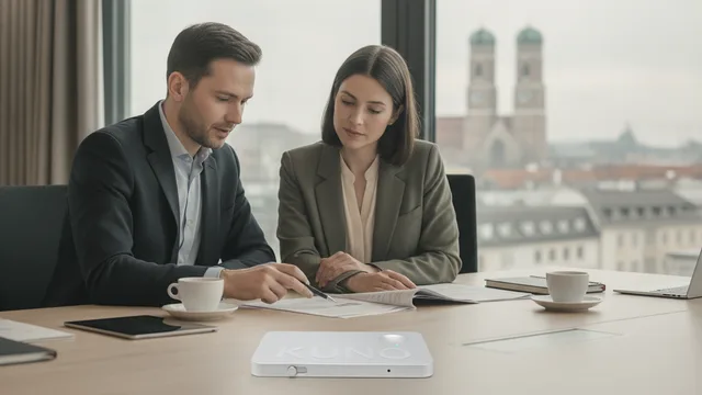 Professionisti privacy e IT esaminano la conformità con telefono e KUNO sul tavolo.
