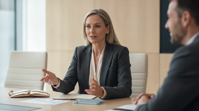 Una consulente executive di successo guida una conversazione strategica di persona con un registratore KUNO visibile sul tavolo.
