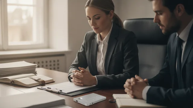 Una consulente legale di successo rivede documenti riservati con un cliente mentre KUNO registra in modo visibile sul tavolo.