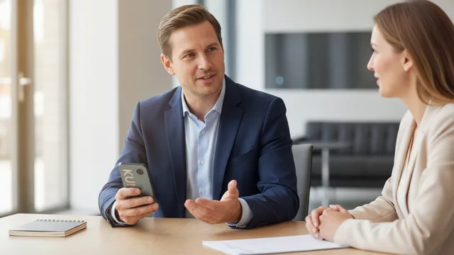 Un account executive di successo discute i prossimi passi durante una visita cliente mentre KUNO registra dal telefono in mano.