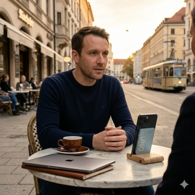 Tobias, founder, in conversation at a Munich café — phone propped on a wooden stand with KUNO clearly visible on the back.